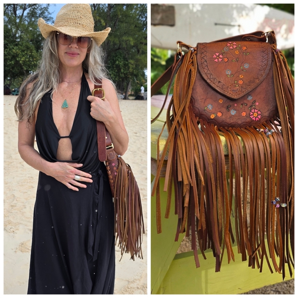 Handmade Tooled Leather Fringe Bag - Picture 4 of 13
